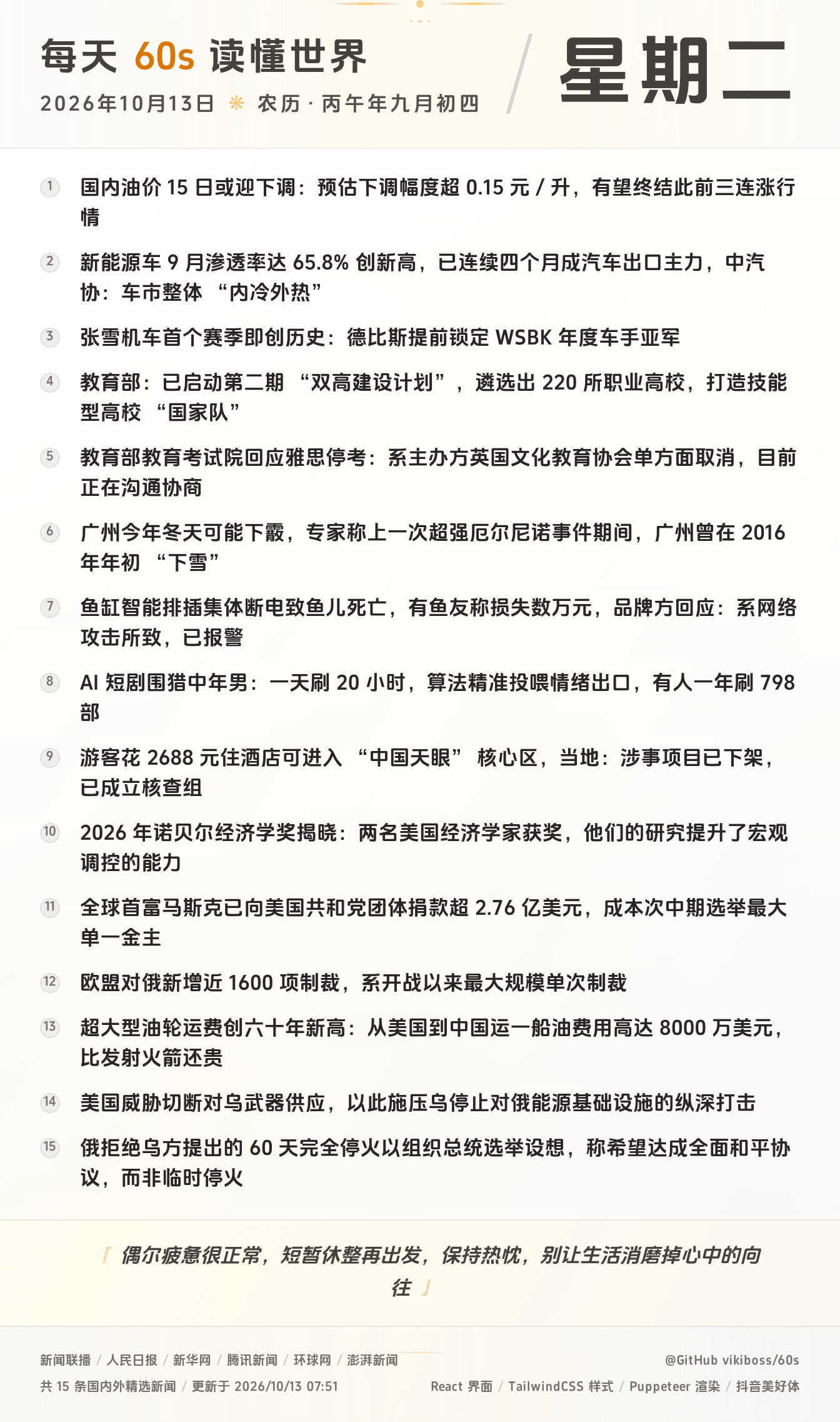 每日60s新闻早报图片 2026-10-13